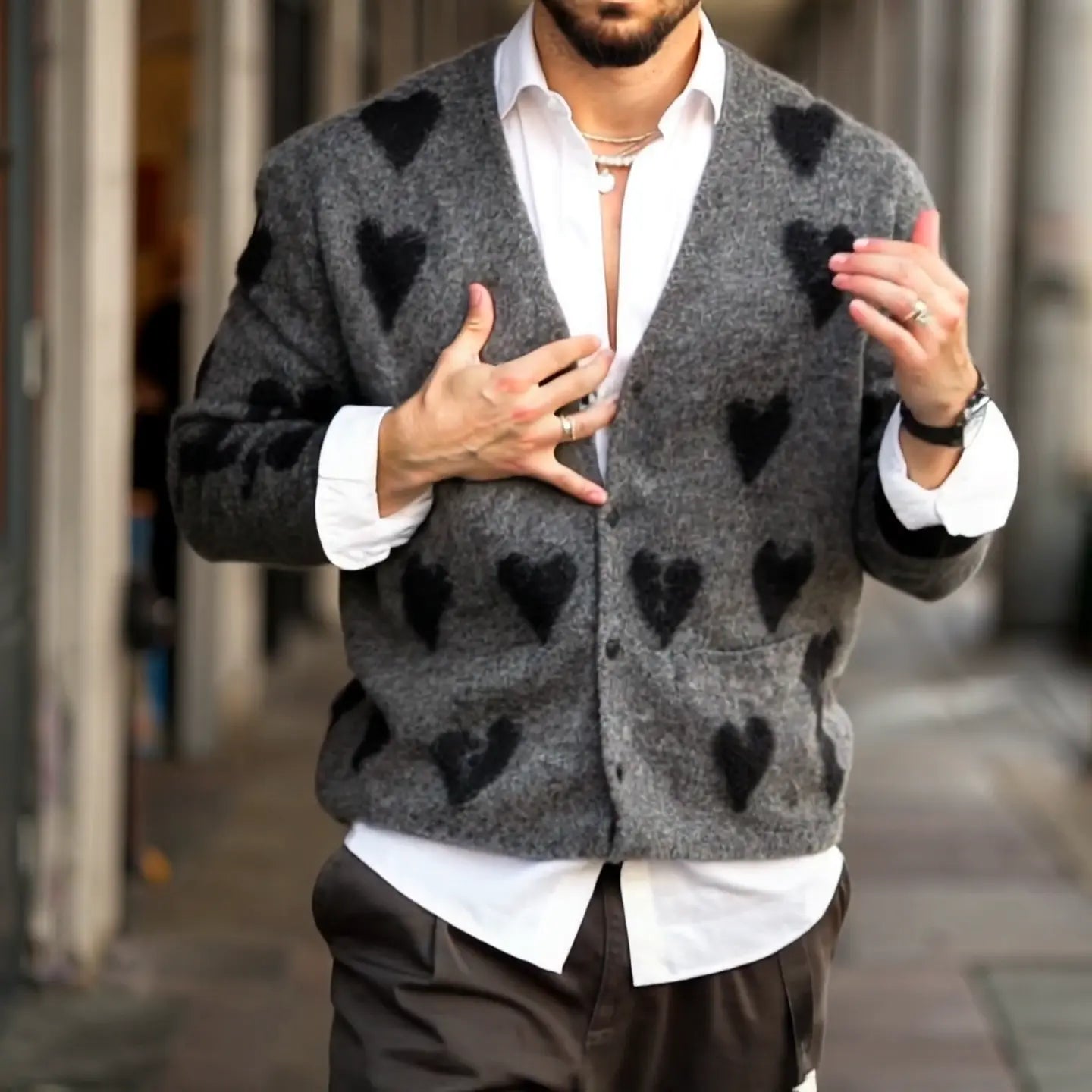 StyleWave - Cardigan med Hjertegrafikk for Menn i Unik Design Motelys