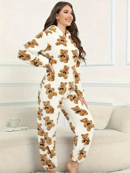 Bamse-print Fuzzy Hette-Jumpsuit – Koselig One-Piece for Høst & Vinter Motelys