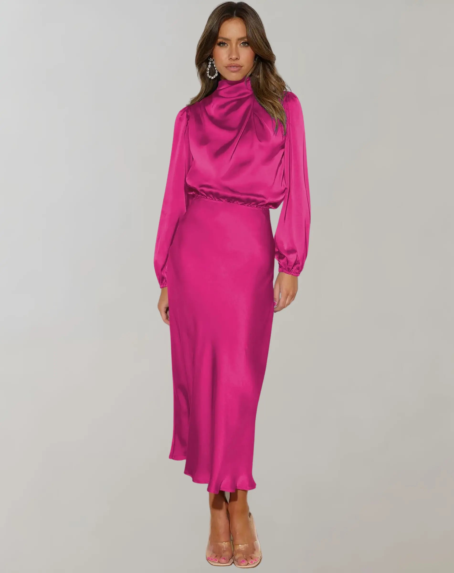 GlamStyle - Elegant Satengkjole med Lange Ermer for Spesielle Anledninger Motelys