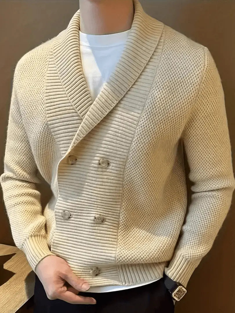 Dobbelkneppet strikket cardigan for menn – Elegant genser med sjalskrage til vinteren Motelys