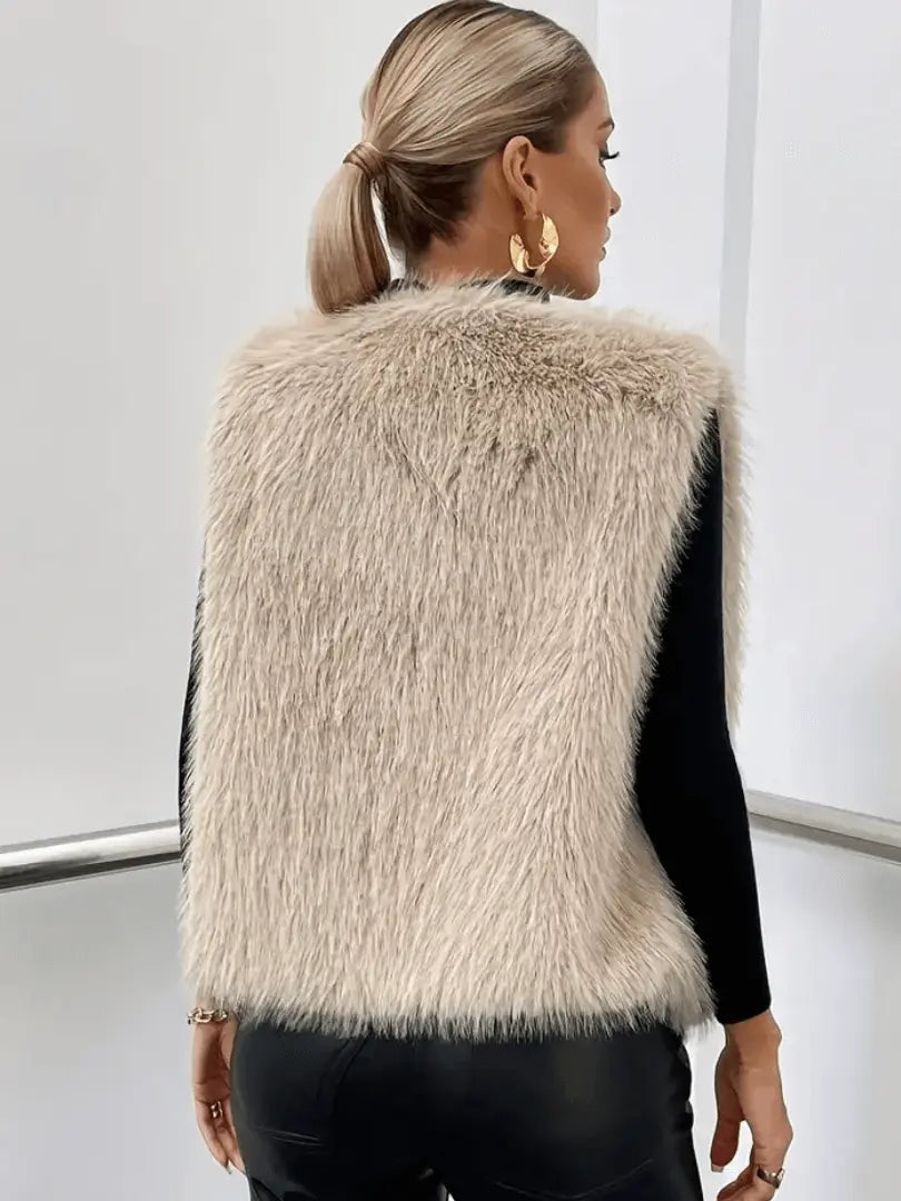 Dame Åpen Fuzzy Vest - Elegant Ermeløst Design for Høst og Vinter Motelys