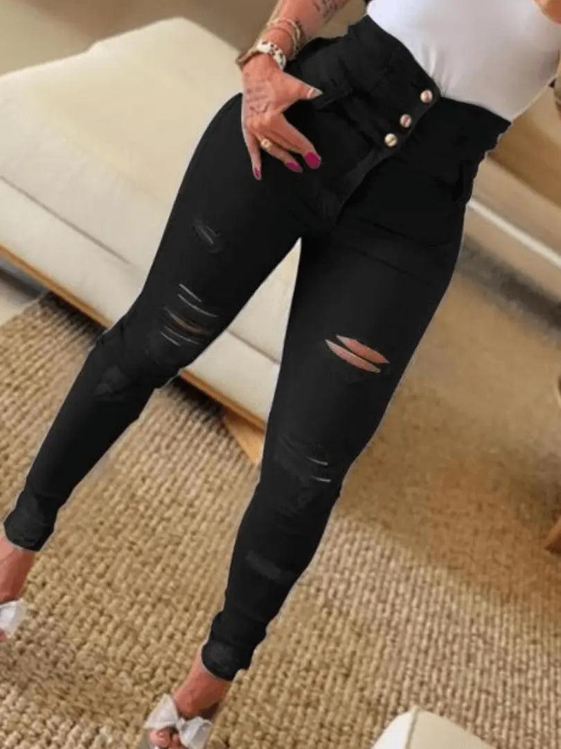 FashionEdge - Rippede Skinny Bukser med Høy Midje for En Trendy Look Motelys
