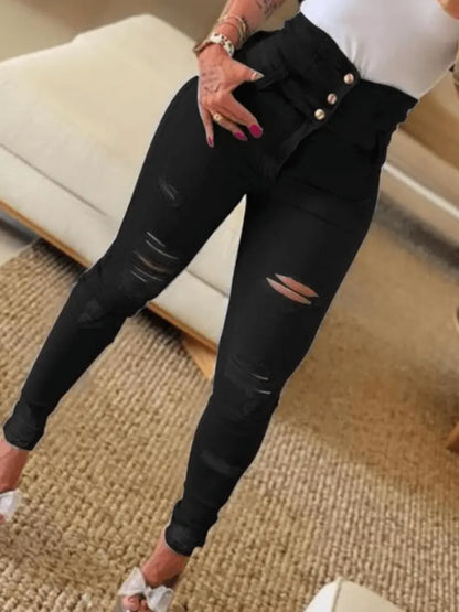FashionEdge - Rippede Skinny Bukser med Høy Midje for En Trendy Look Motelys