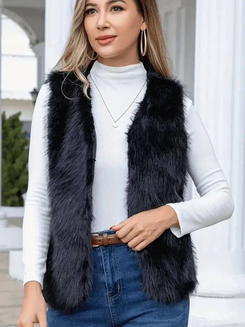 Dame Åpen Fuzzy Vest - Elegant Ermeløst Design for Høst og Vinter Motelys