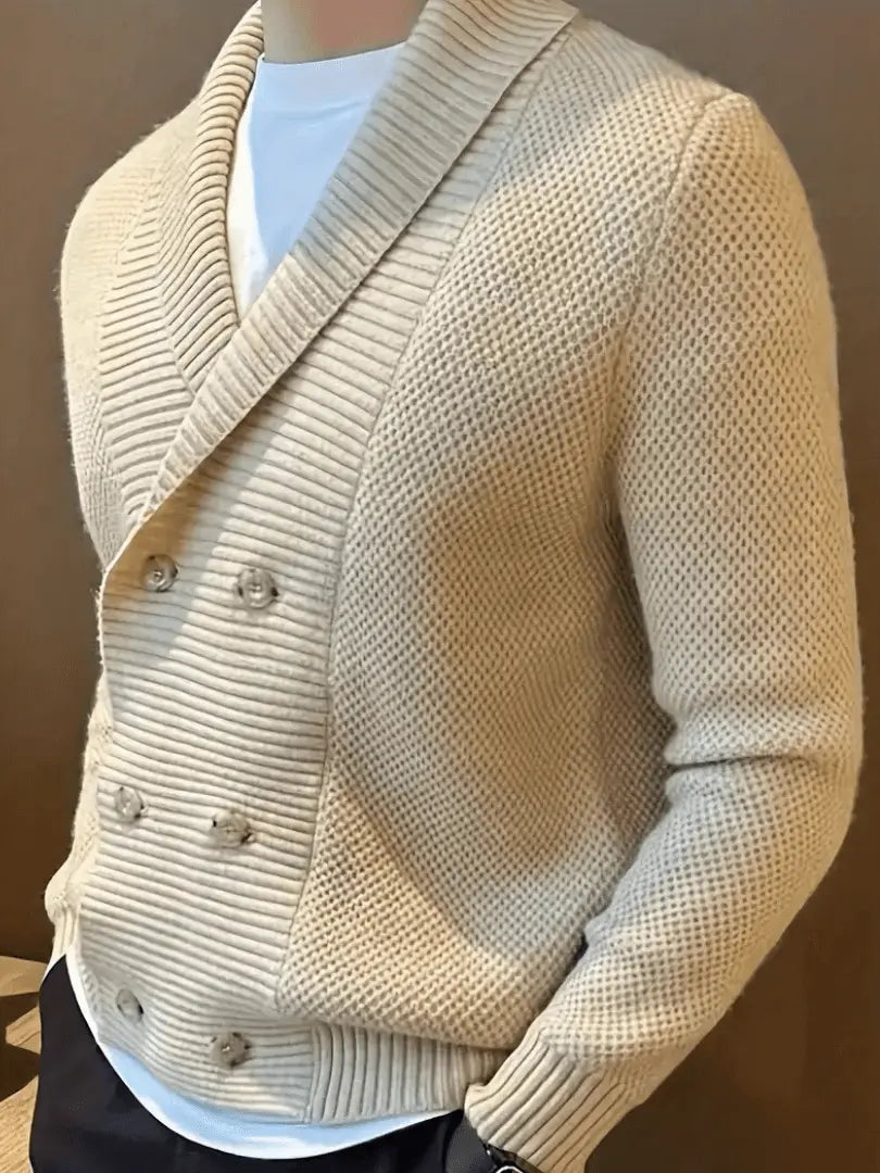 Dobbelkneppet strikket cardigan for menn – Elegant genser med sjalskrage til vinteren Motelys