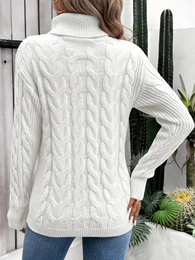 Dame Flettestrikket Høyhalset Genser - Elegant Langermet Pullover Motelys