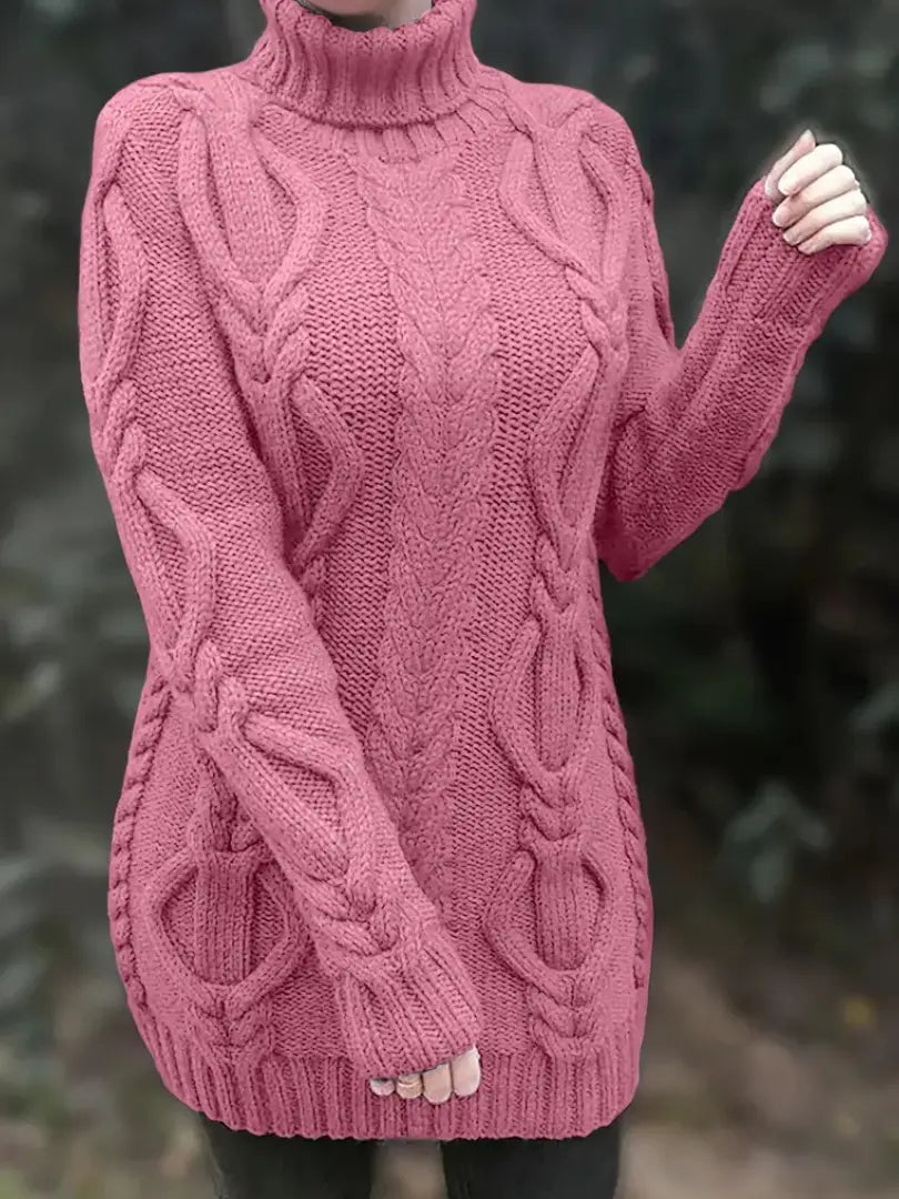 Dame Flettestrikket Turtleneck Genser - Klassisk Langermet for Høst og Vinter Motelys