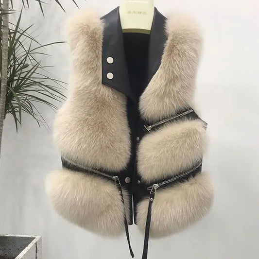 FurFashion - Faux Fur Patchwork Vest til Kvinder for Trendy Utseende Motelys