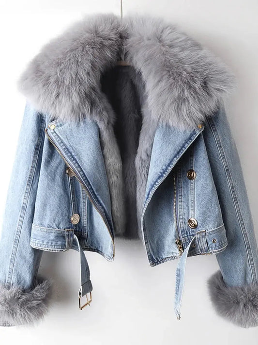 ChicLayer - Stilfull Denimjakke med Pelskrage for En Trendy Look Motelys