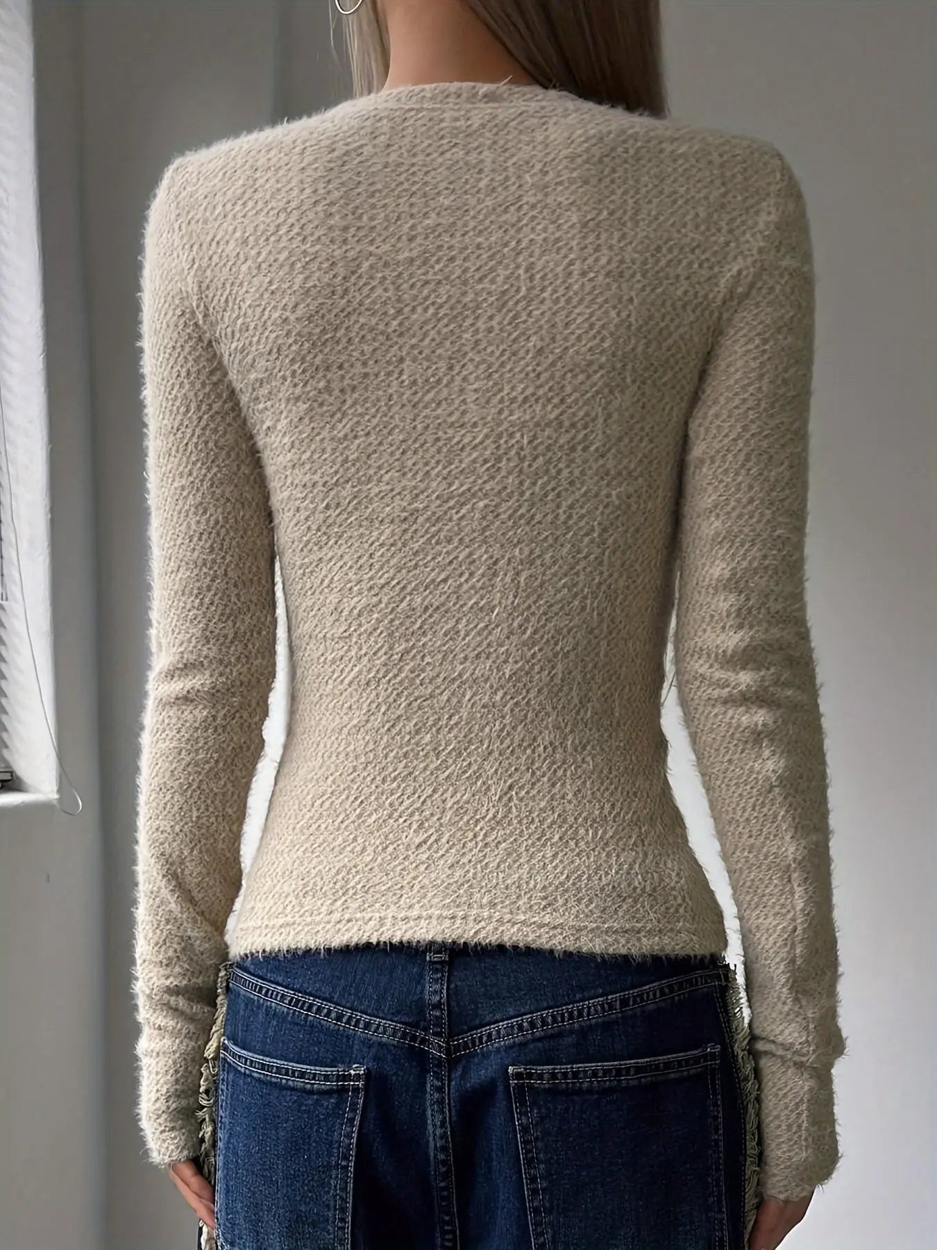KnitVibe - Strikket Langermet Topp for Kvinner Motelys