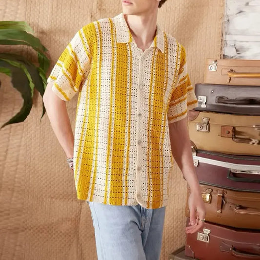 VibrantKnit - Herre Kortermet Strikket Stripet Cardigan Motelys