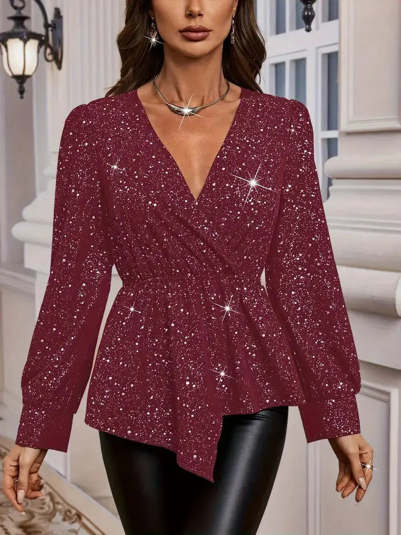 SparkleChic - Glitrende Bluse til Kvinner med Paljetter og V-hals Motelys