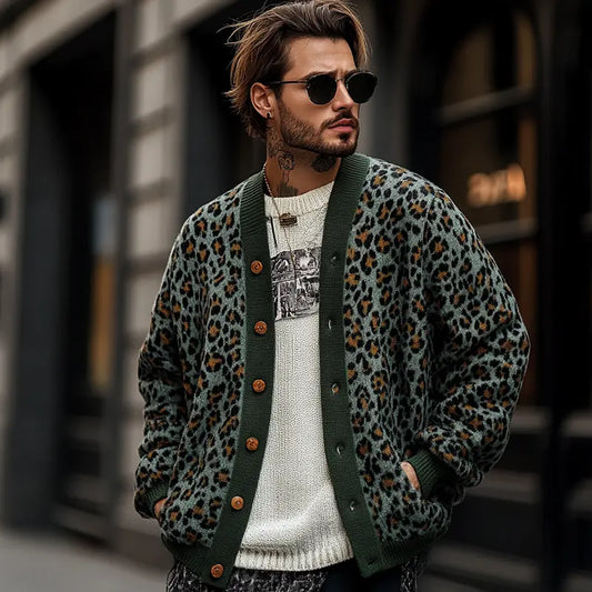 TrendSavvy - Cardigan i Leopardfarget Blokk for Menn i Frisk Stil Motelys