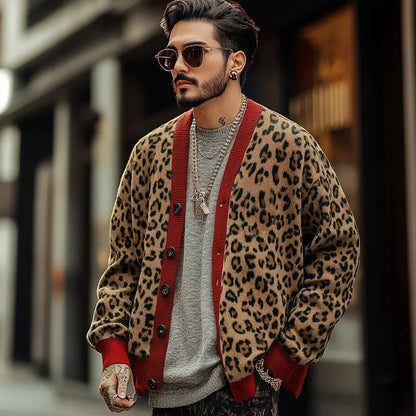 TrendSavvy - Cardigan i Leopardfarget Blokk for Menn i Frisk Stil Motelys