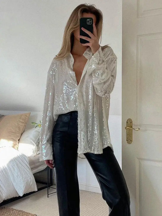 GlamShine - Stilig Glitterbluse til Kvinner for Fantastiske Anledninger Motelys