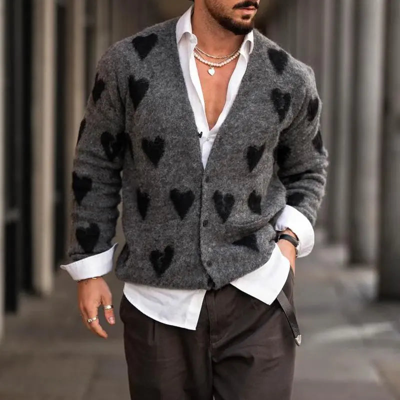 StyleWave - Cardigan med Hjertegrafikk for Menn i Unik Design Motelys