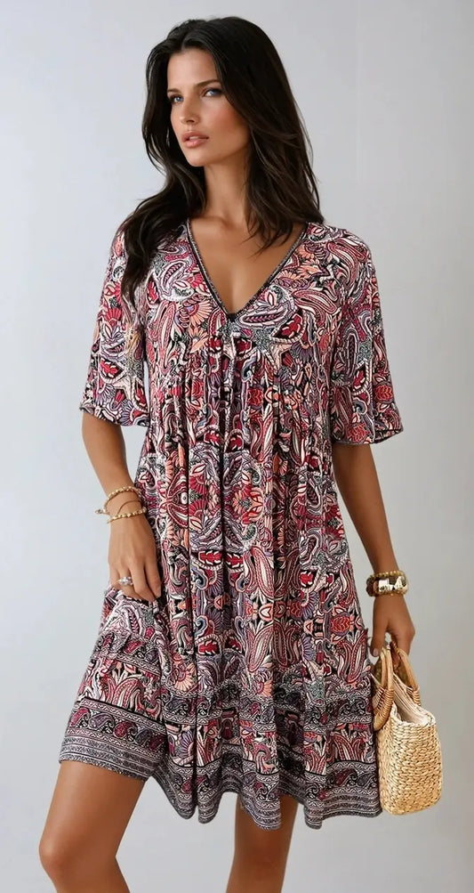 VividChic - Minikjole Med Trykt V-Hals For En Lekker Look Motelys