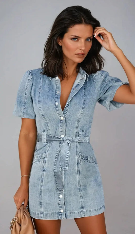 DenimChic - Trendy Knappekjole Med Puffermer I Denim For Stilfulle Dager Motelys