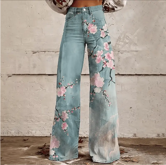 Sakura Street – Broderte Bredde-Jeans med Kirsebærblomst Detaljer Motelys
