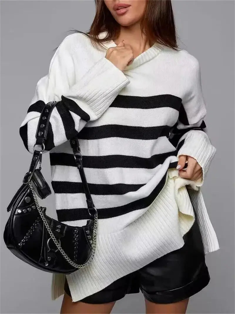 Striped Couture Genser – Chic Kvinnesweater for Høst/Vinter Motelys