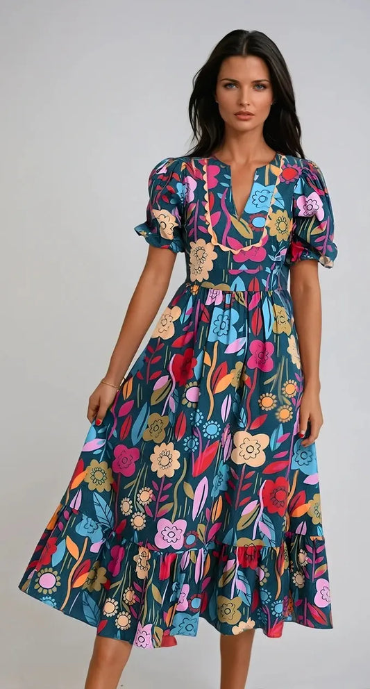 Boho Bloom Midikjole med Puffermer – Fargerik & Bohemsk Motelys