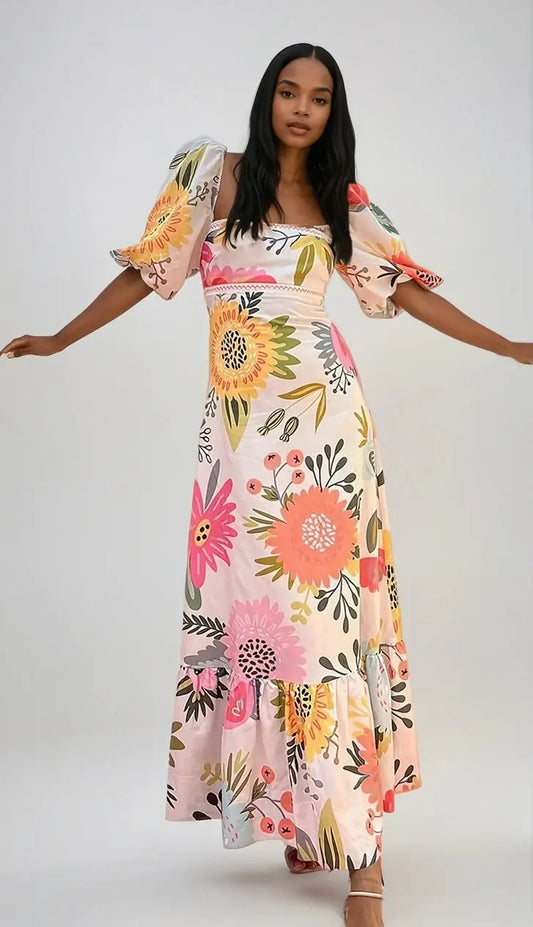 FloraCharm - Boho Maxi Kjole for Kvinner med Puffermer Motelys