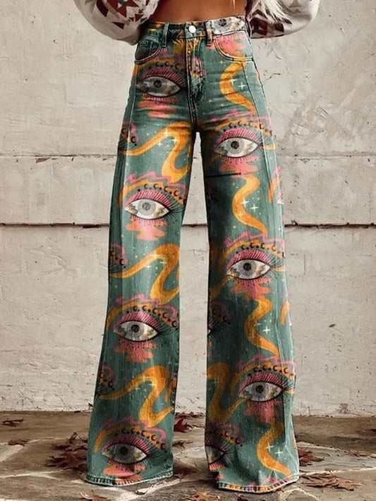 Mystic Gaze – Whimsiske Bredde-Bukser med Mystisk Øye Design Motelys