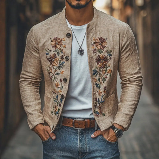 Herrejakke i lin med broderi og ståkrage – Slim Fit-design Motelys