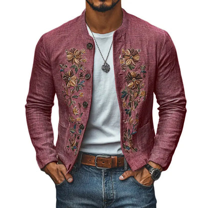 Herrejakke i lin med broderi og ståkrage – Slim Fit-design Motelys
