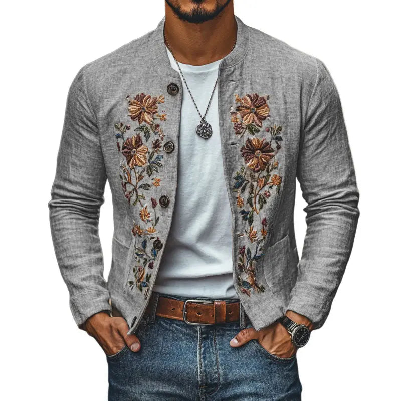 Herrejakke i lin med broderi og ståkrage – Slim Fit-design Motelys