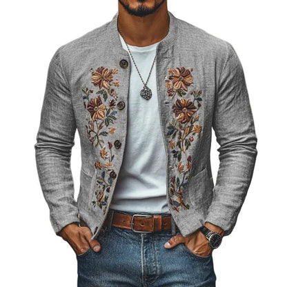 Herrejakke i lin med broderi og ståkrage – Slim Fit-design Motelys