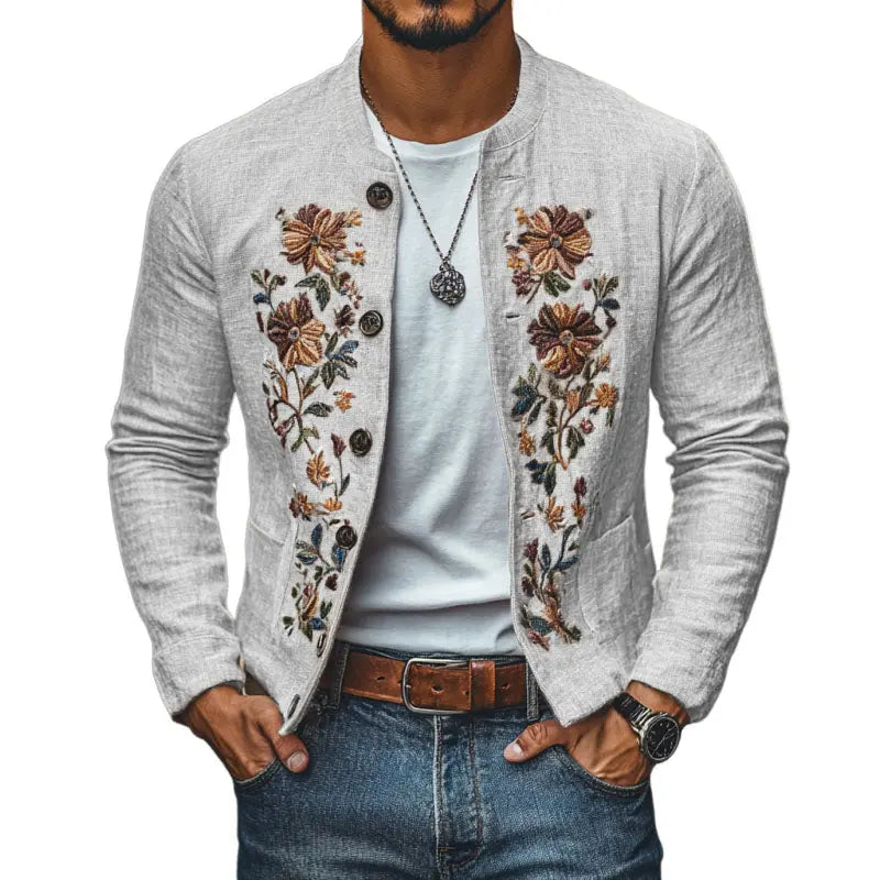Herrejakke i lin med broderi og ståkrage – Slim Fit-design Motelys