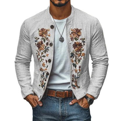 Herrejakke i lin med broderi og ståkrage – Slim Fit-design Motelys