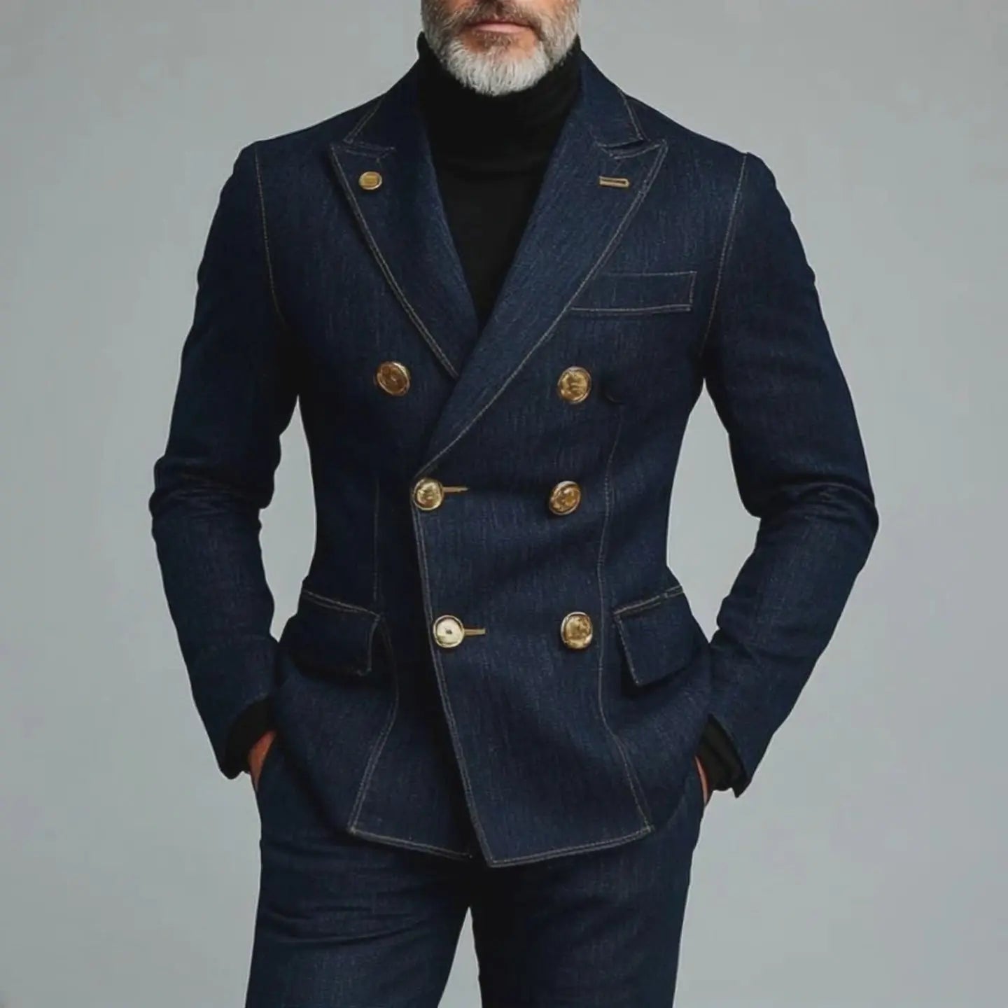 Herreblazer i denim med dobbeltspent design – Gullknappedetaljer Motelys
