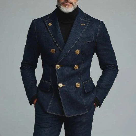 Herreblazer i denim med dobbeltspent design – Gullknappedetaljer Motelys