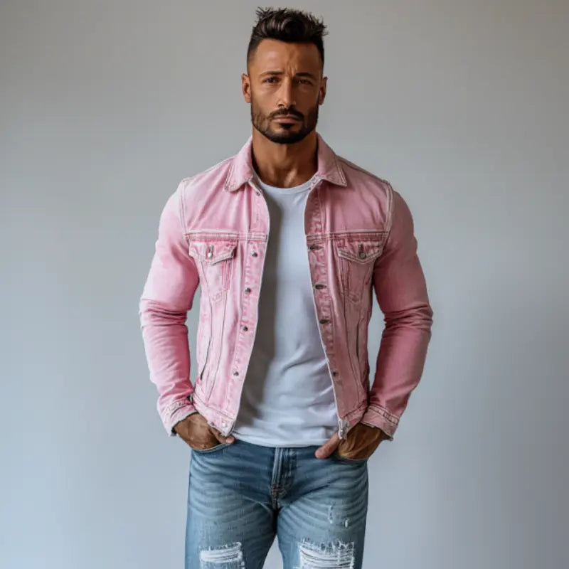 Menns Vintage Vasket Denimjakke med Krage og Flere Lommer - Stilig og Holdbar Motelys