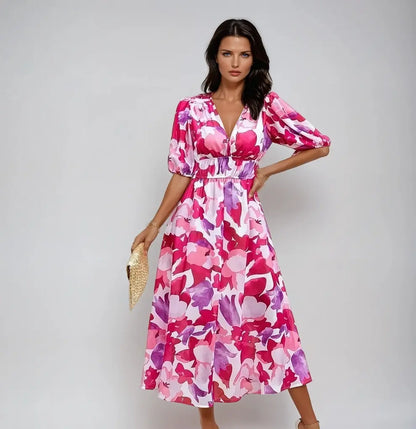FloraVibe - Livlig Sommer Midi Kjole Motelys