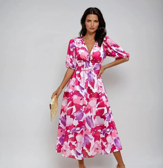 FloraVibe - Livlig Sommer Midi Kjole Motelys