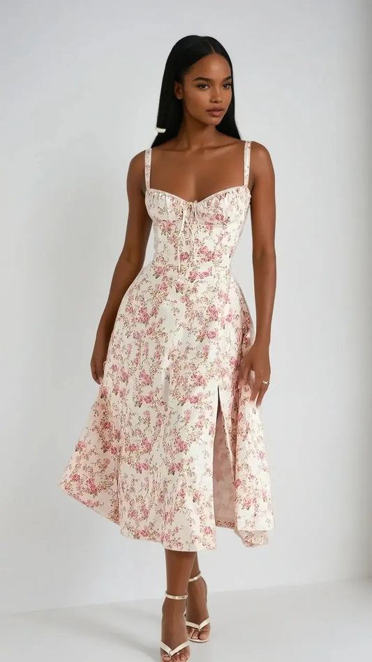BellaFlair - Blomstrete Bustier Midi Kjole Motelys