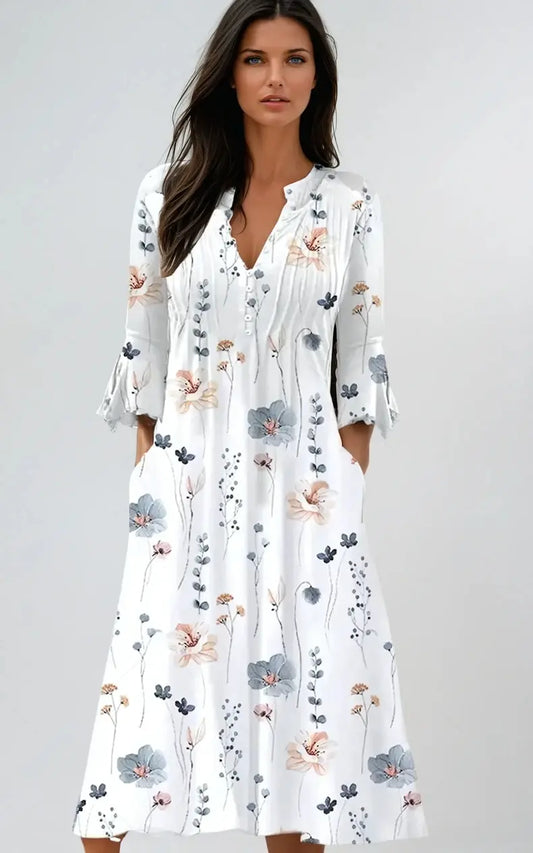 FloralCharm - Blomstret Midikjole i Bomullsblanding for Elegante Dager Motelys